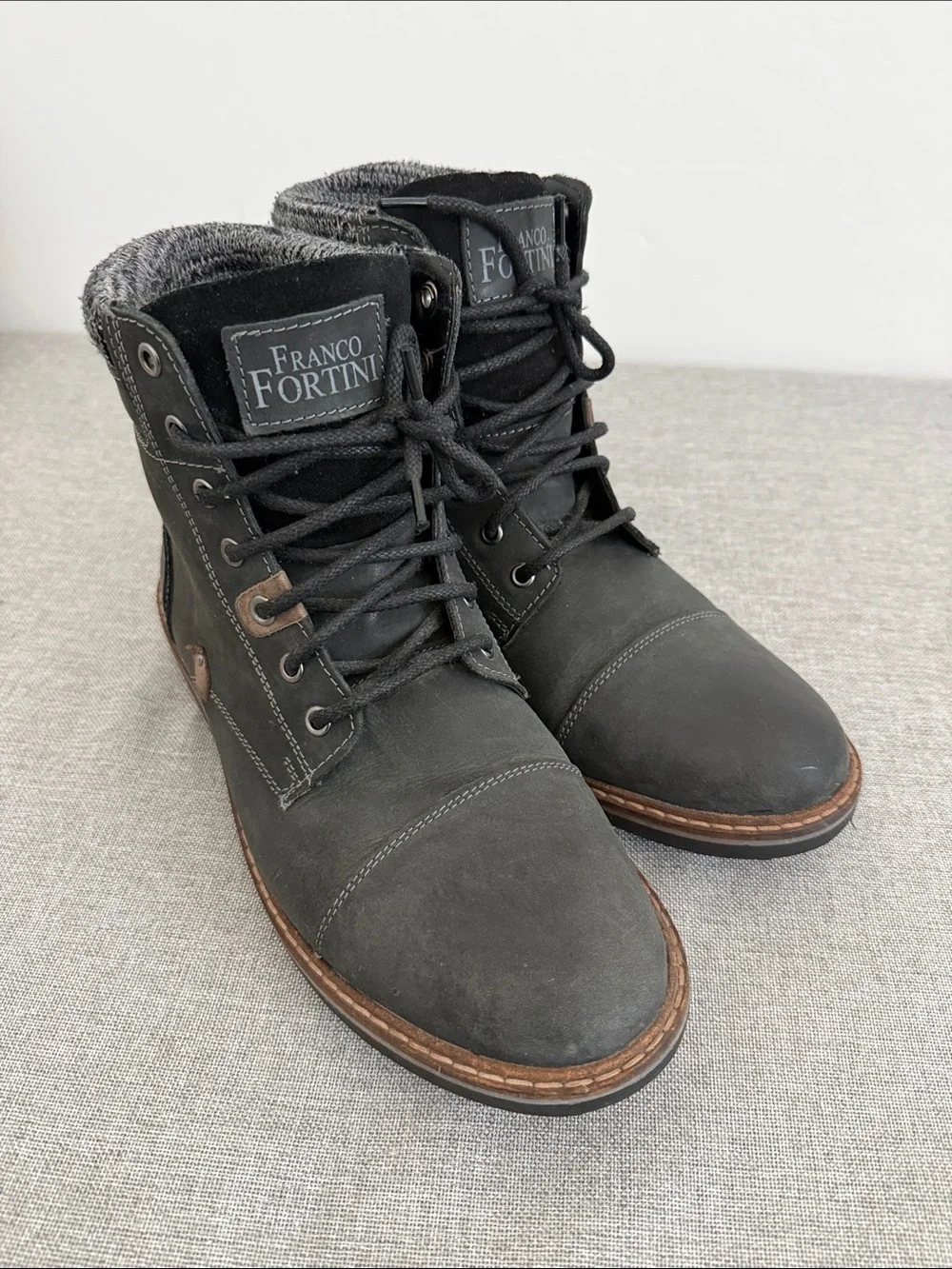 Franco Fortini Charcoal leather Lace-Up Knit-Collar Ankle Boots